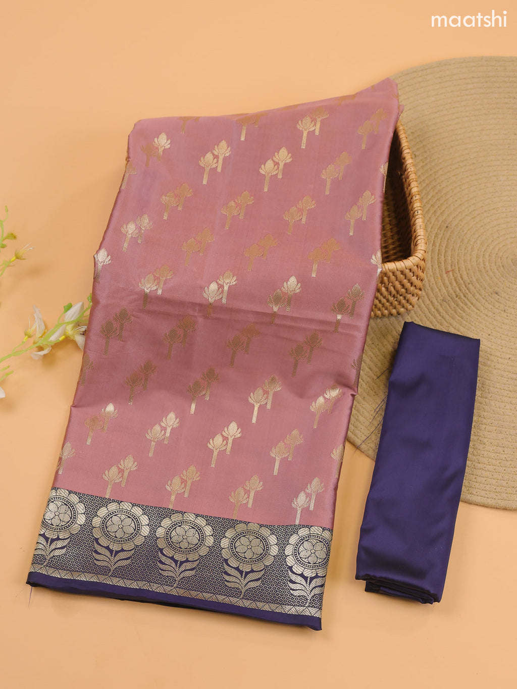Peach and Navy Blue Banarasi Silk Dress Material With With Allover Zari Buttas