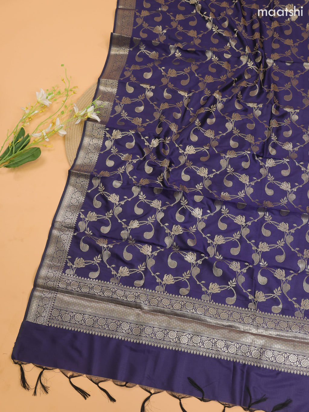 Peach and Navy Blue Banarasi Silk Dress Material With With Allover Zari Buttas
