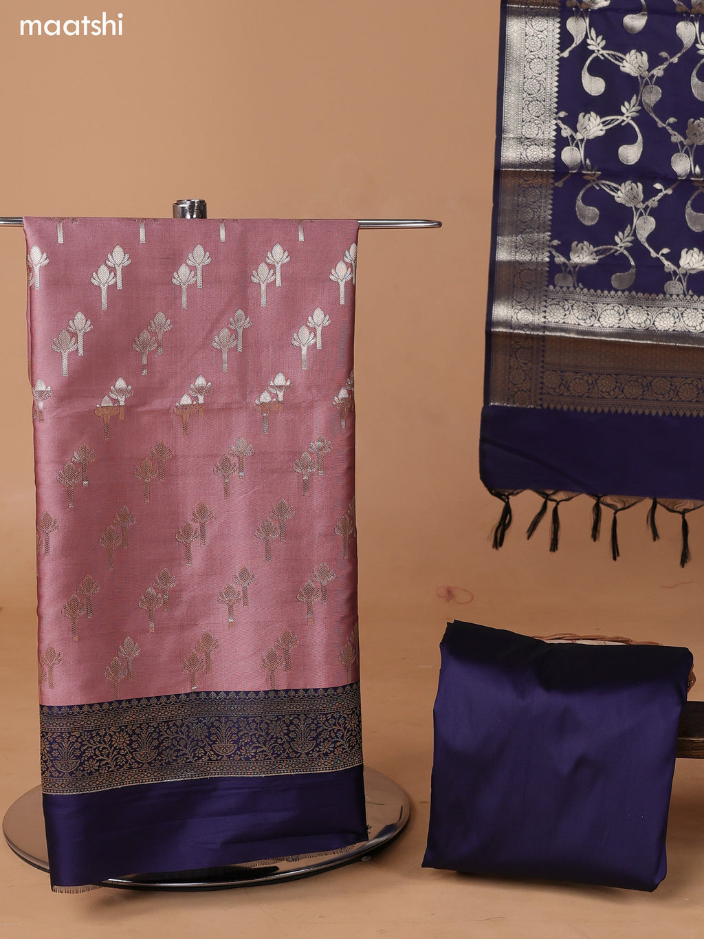 Peach and Navy Blue Banarasi Silk Dress Material With With Allover Zari Buttas and Bottom & Dupatta