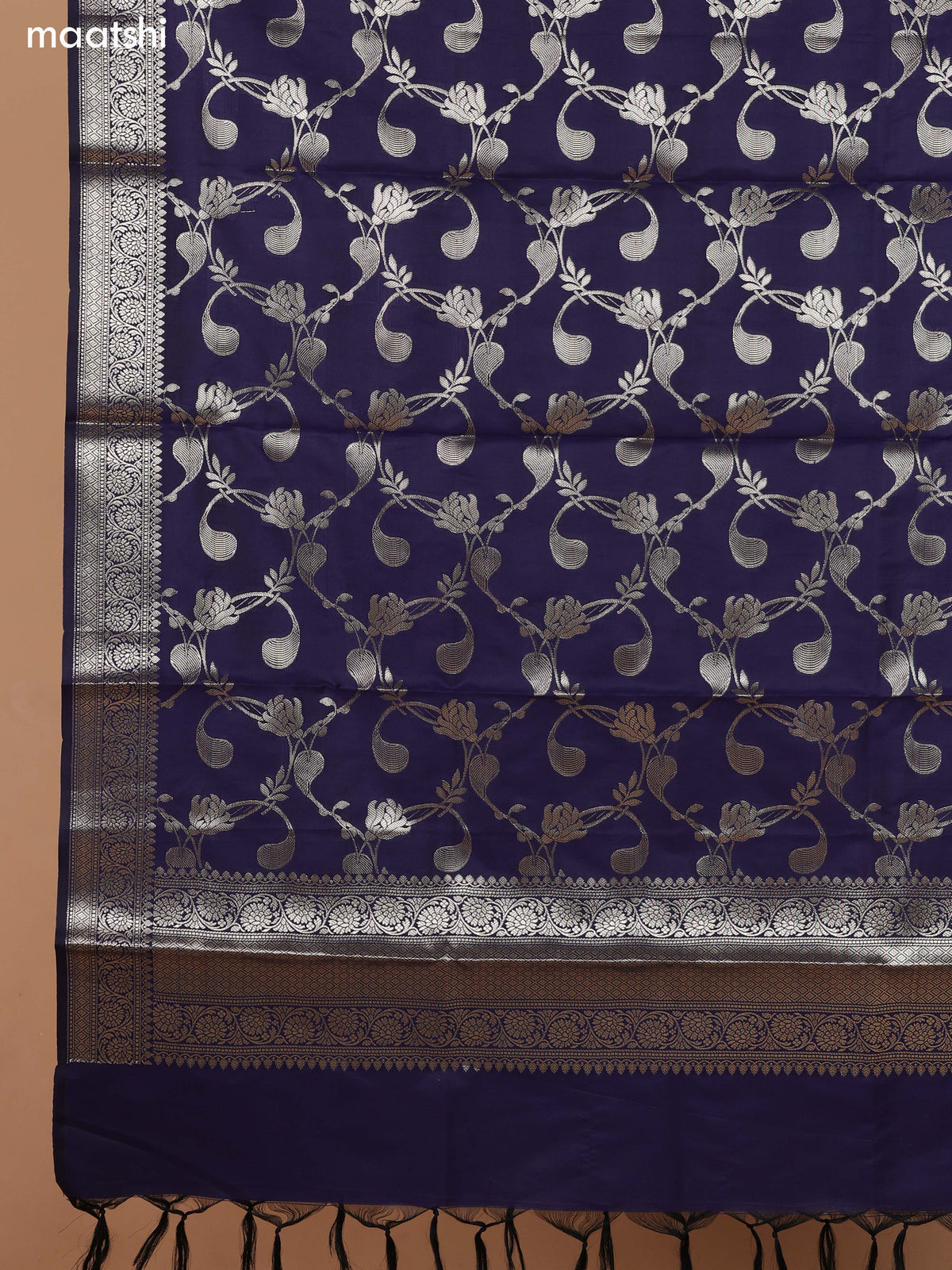 Peach and Navy Blue Banarasi Silk Dress Material With With Allover Zari Buttas and Bottom & Dupatta
