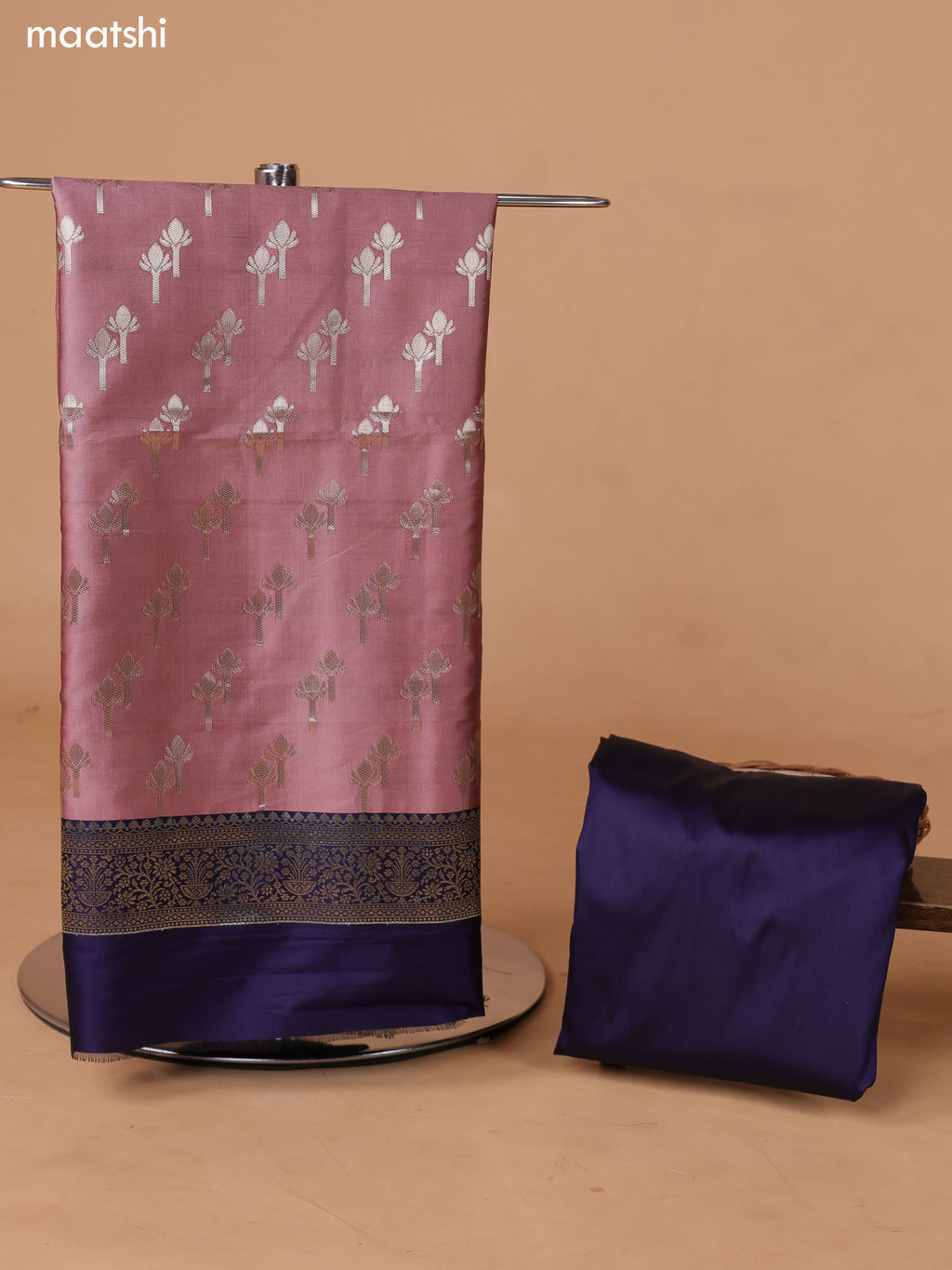 Peach and Navy Blue Banarasi Silk Dress Material With With Allover Zari Buttas and Bottom & Dupatta