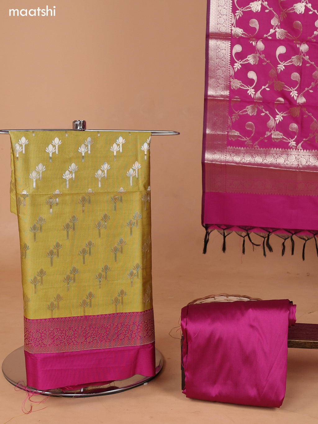 Mustard Green and Pink Banarasi Silk Dress Material With With Allover Zari Buttas and Bottom & Dupatta