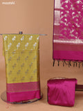 Mustard Green and Pink Banarasi Silk Dress Material With With Allover Zari Buttas and Bottom & Dupatta