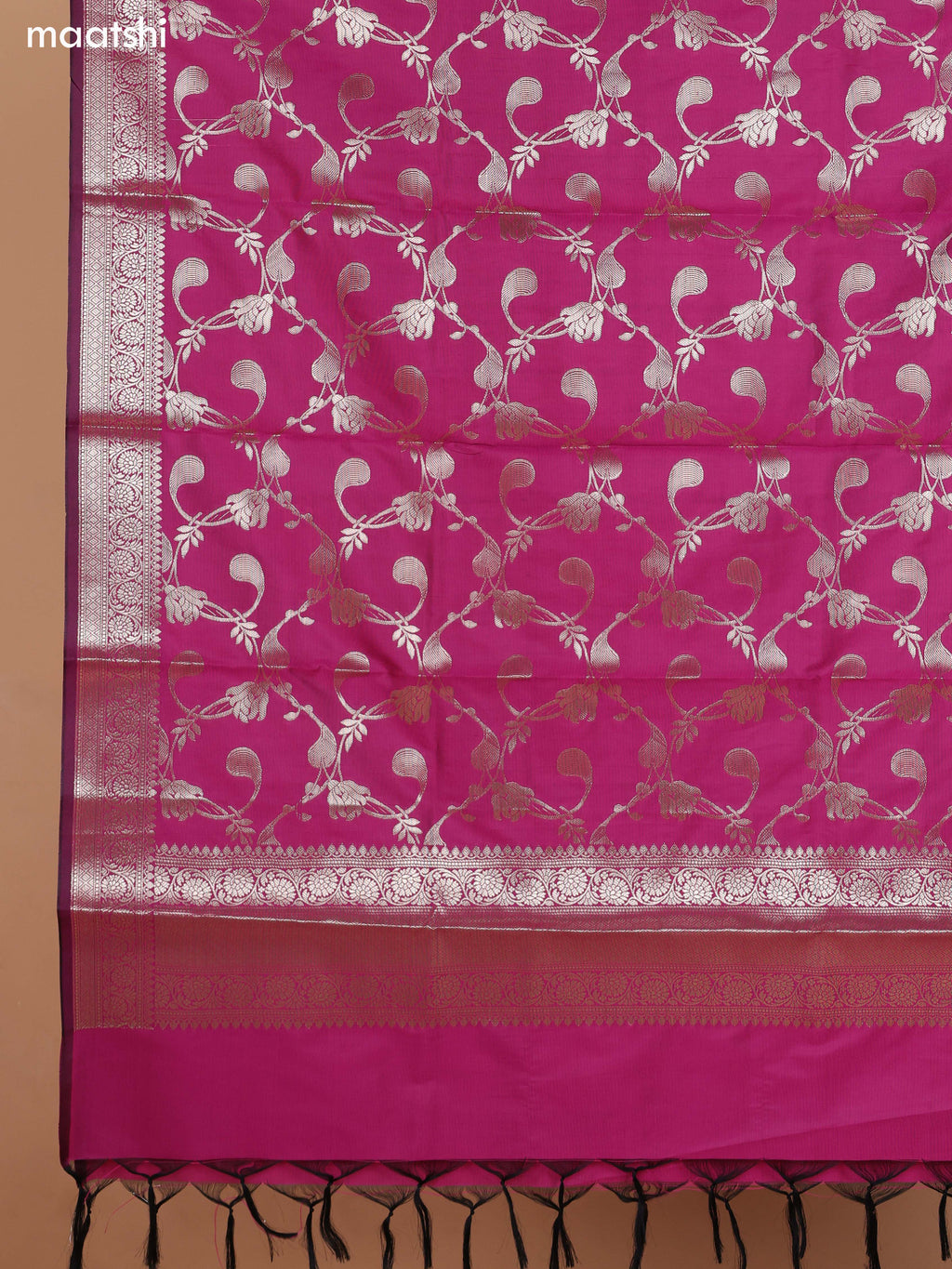 Mustard Green and Pink Banarasi Silk Dress Material With With Allover Zari Buttas and Bottom & Dupatta