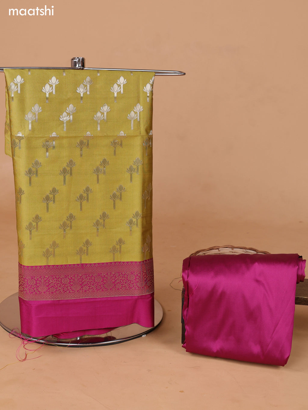 Mustard Green and Pink Banarasi Silk Dress Material With With Allover Zari Buttas and Bottom & Dupatta