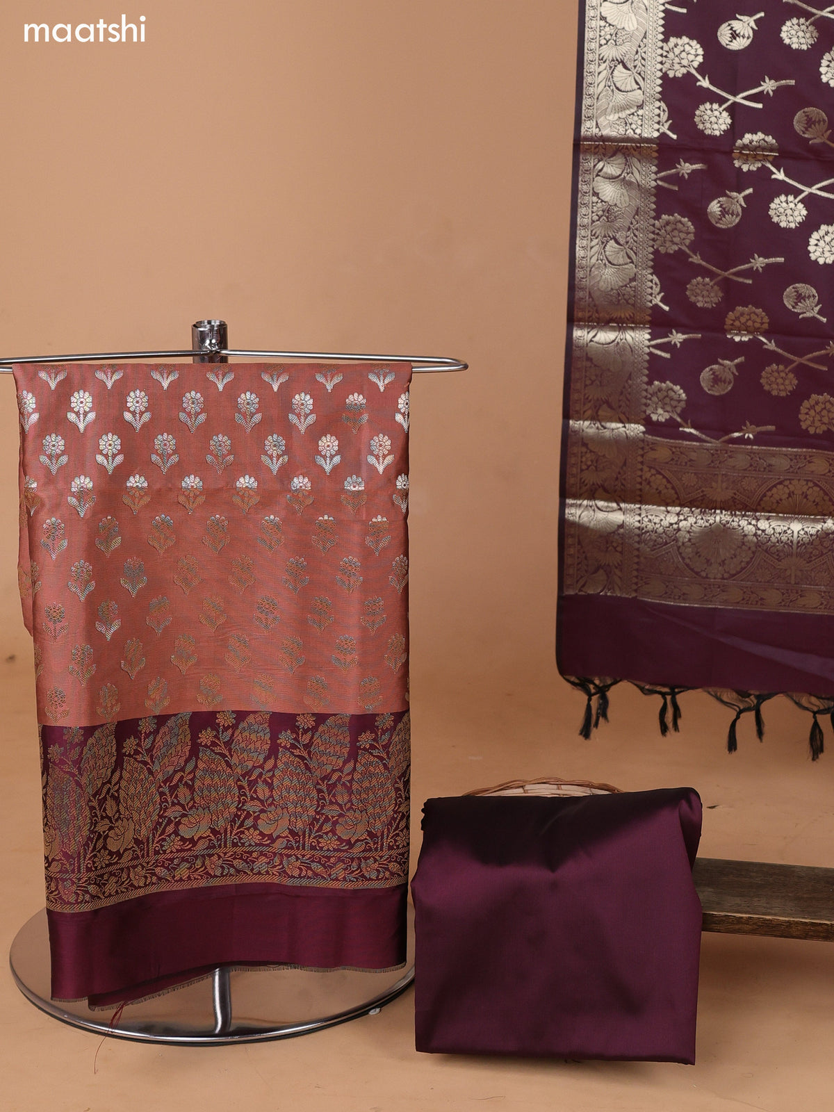 Brown and Wine Banarasi Silk Dress Material With With Allover Zari Buttas and Bottom & Dupatta