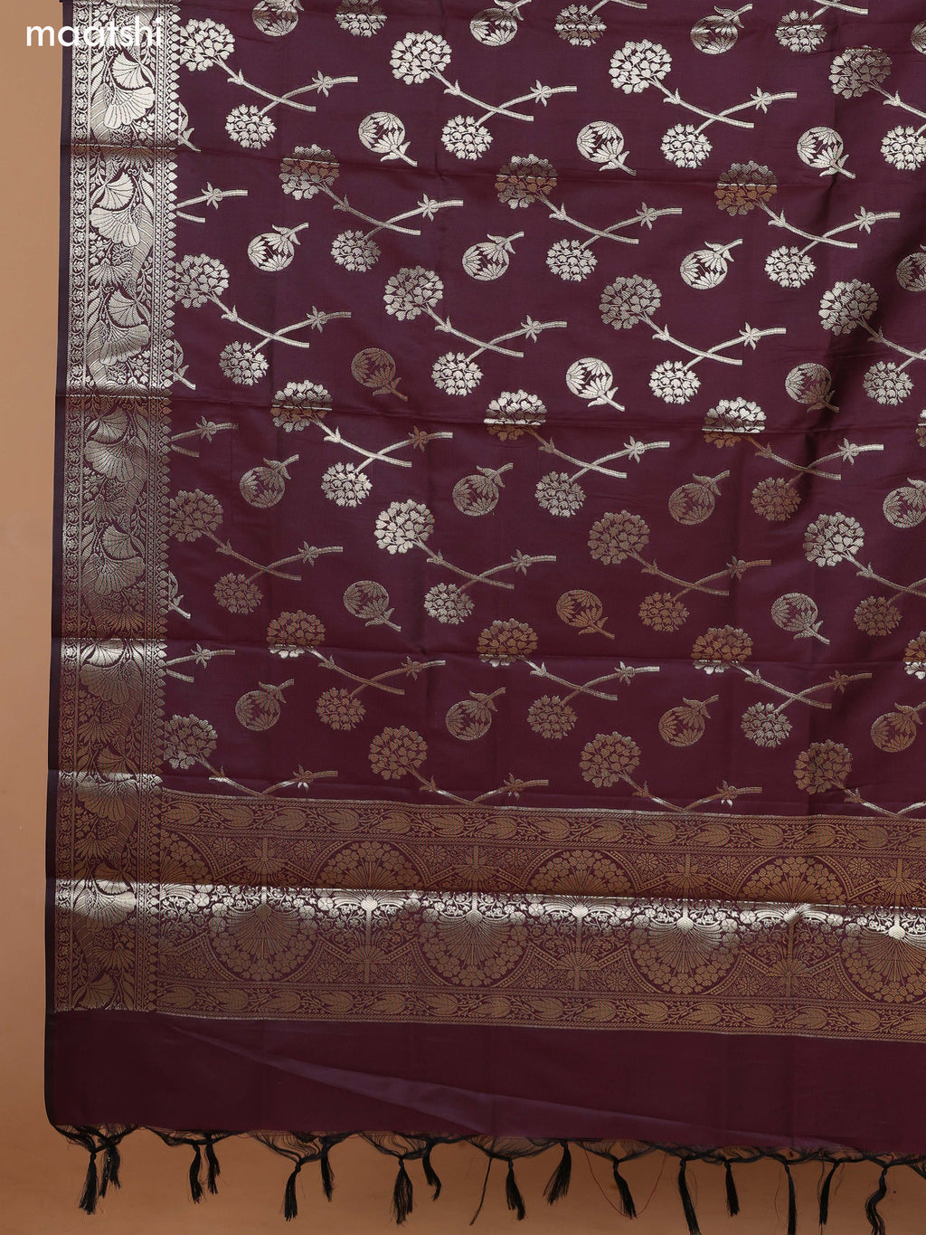 Brown and Wine Banarasi Silk Dress Material With With Allover Zari Buttas and Bottom & Dupatta