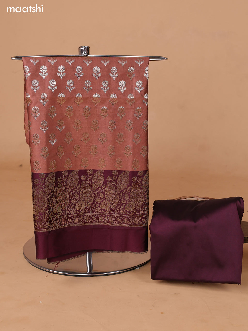 Brown and Wine Banarasi Silk Dress Material With With Allover Zari Buttas and Bottom & Dupatta