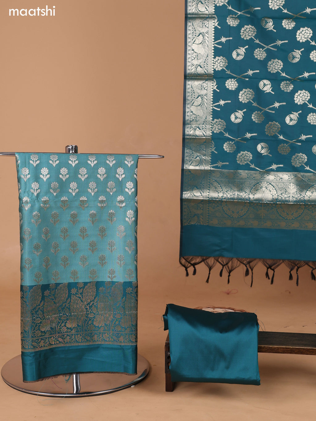 Teal Green and Peacock Green Banarasi Silk Dress Material With With Allover Zari Buttas and Bottom & Dupatta