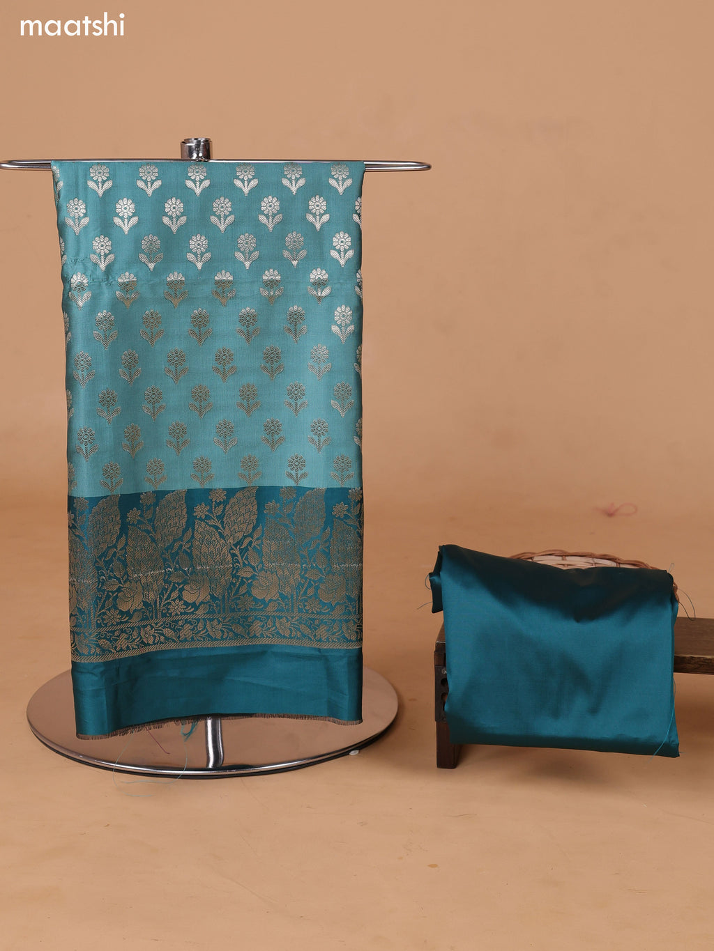 Teal Green and Peacock Green Banarasi Silk Dress Material With With Allover Zari Buttas and Bottom & Dupatta