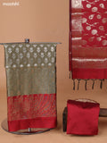 Khaki Green and Red Banarasi Silk Dress Material With With Allover Zari Buttas and Bottom & Dupatta
