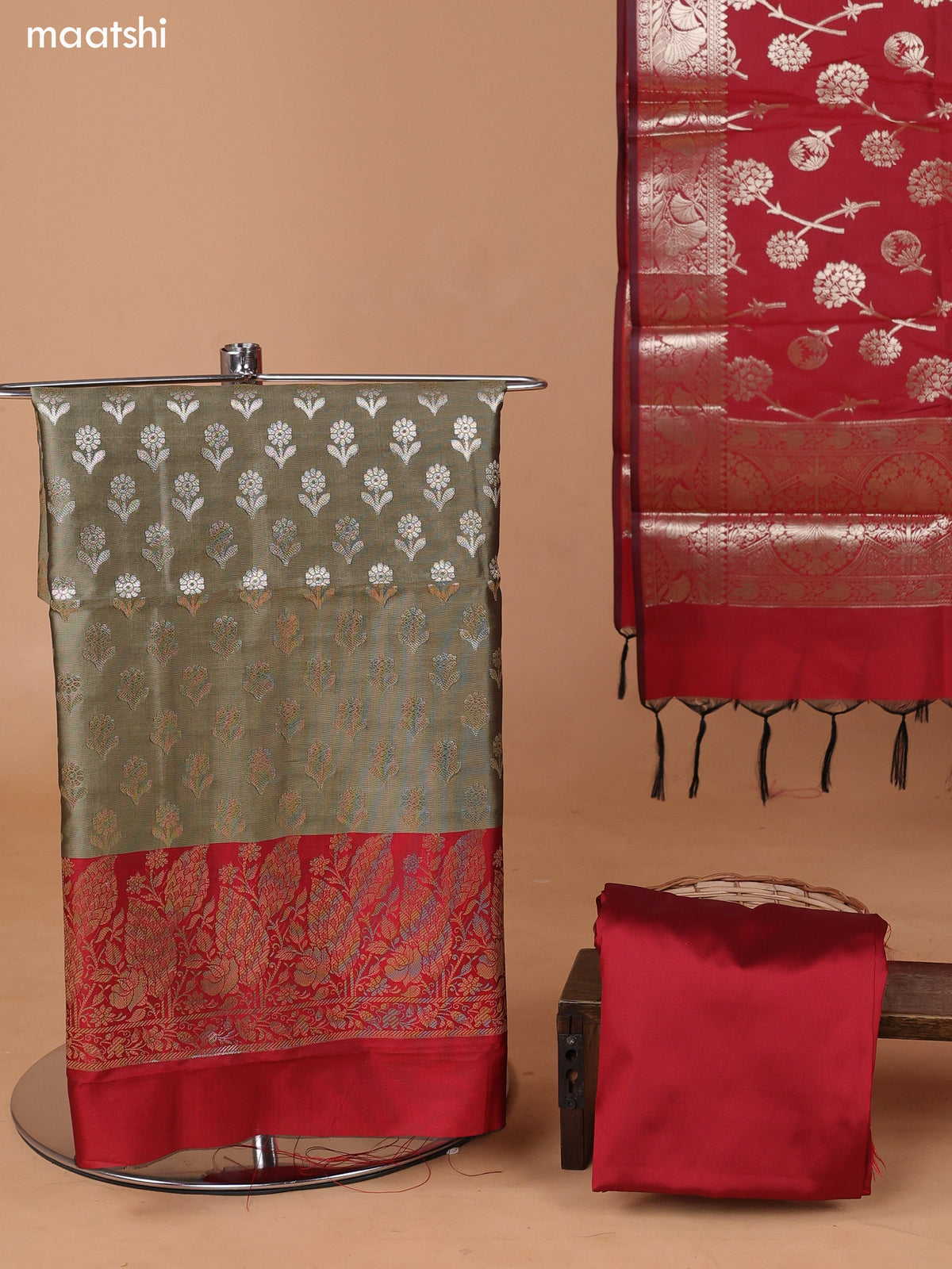 Khaki Green and Red Banarasi Silk Dress Material With With Allover Zari Buttas and Bottom & Dupatta