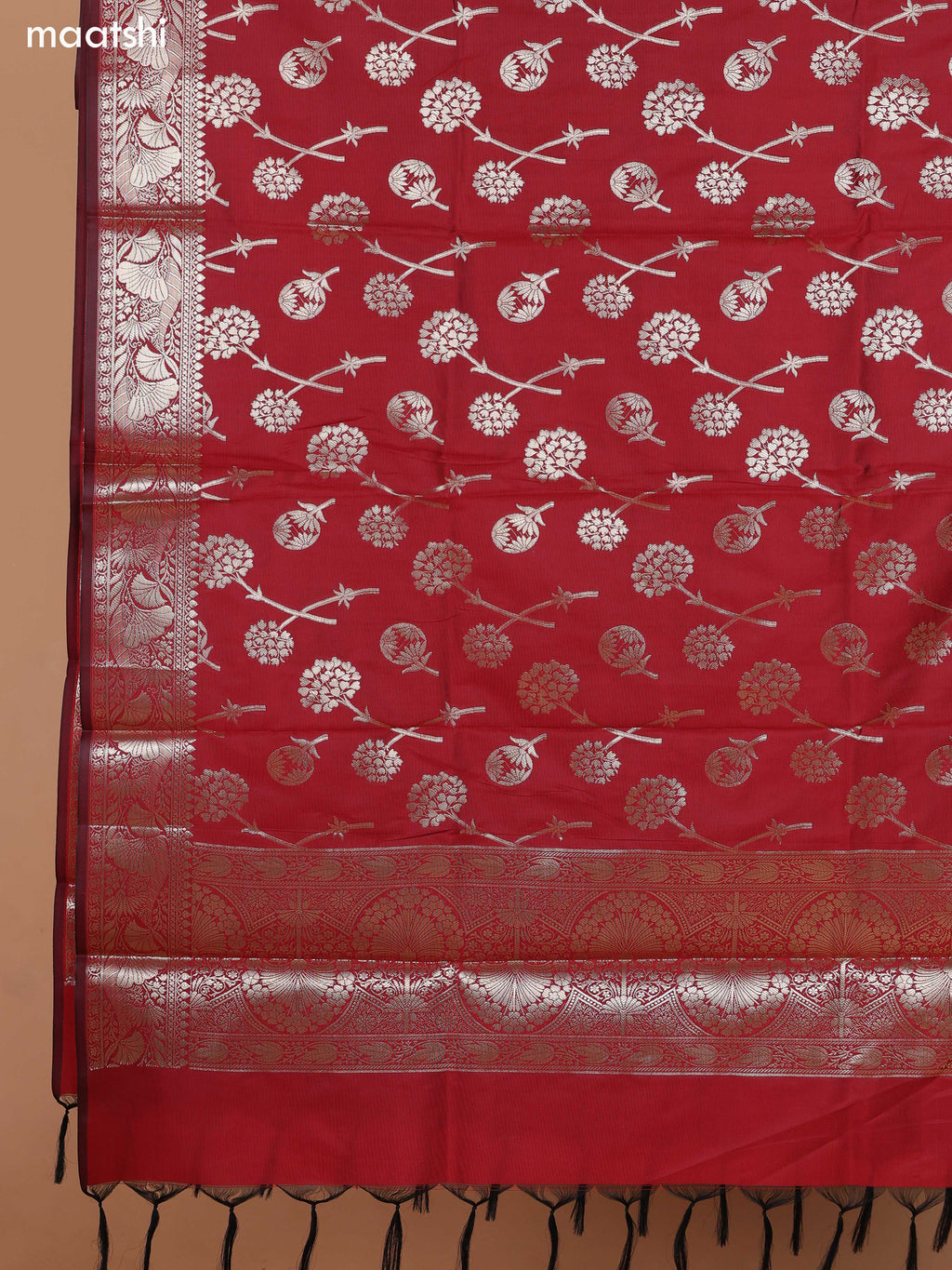 Khaki Green and Red Banarasi Silk Dress Material With With Allover Zari Buttas and Bottom & Dupatta