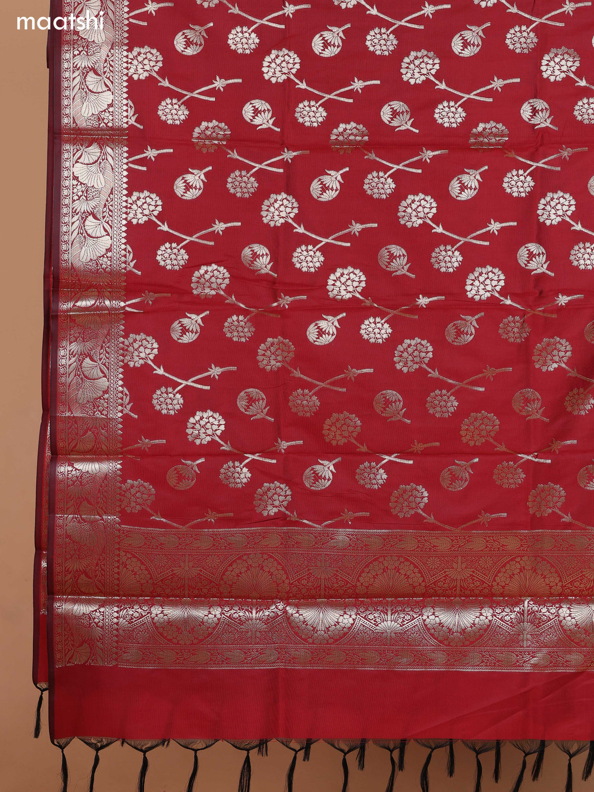 Khaki Green and Red Banarasi Silk Dress Material With With Allover Zari Buttas and Bottom & Dupatta