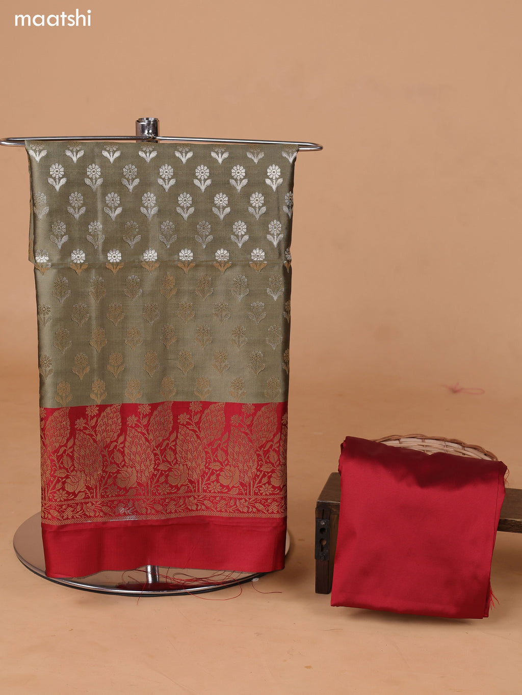 Khaki Green and Red Banarasi Silk Dress Material With With Allover Zari Buttas and Bottom & Dupatta