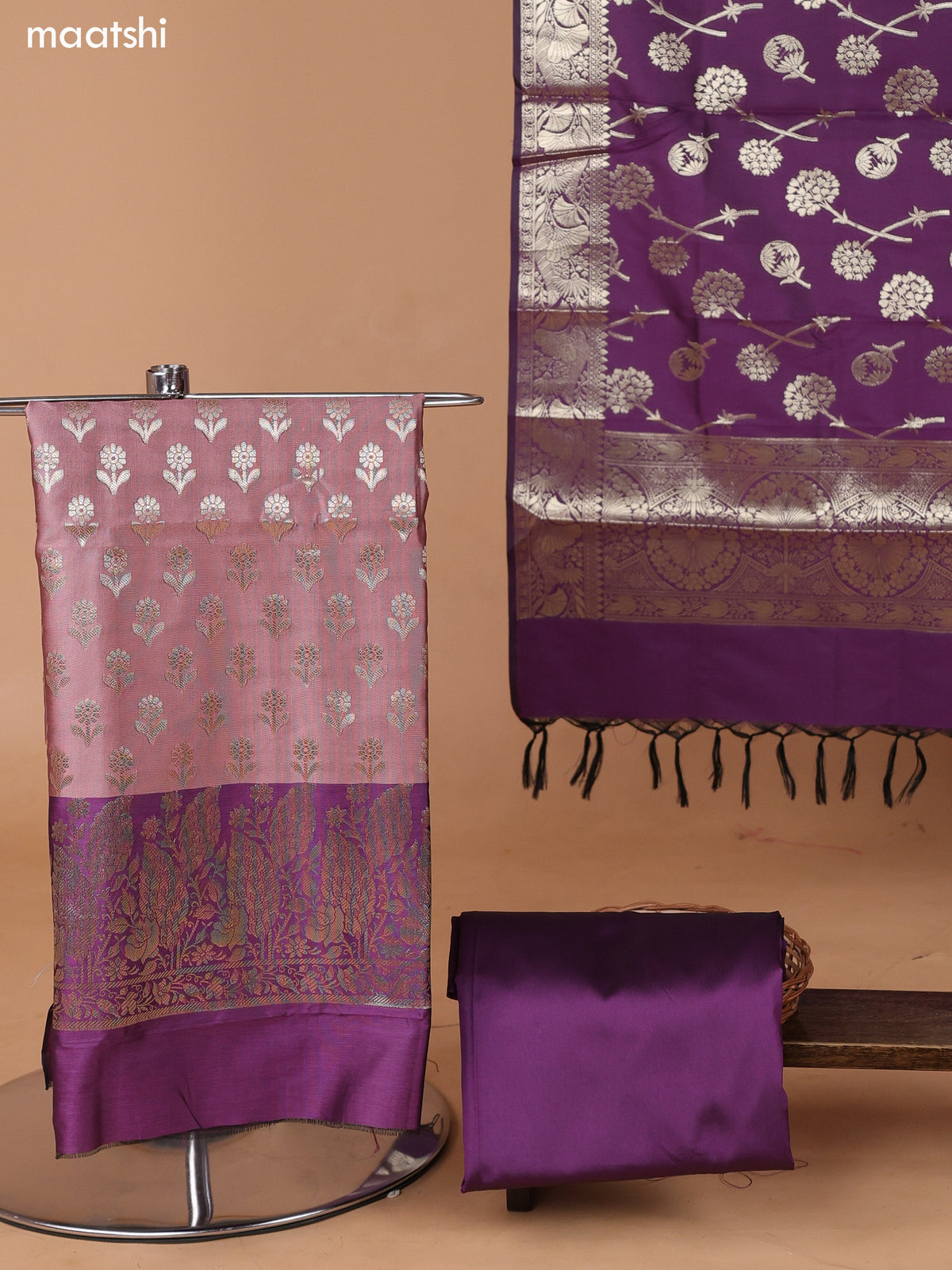 Peach and Purple Banarasi Silk Dress Material With With Allover Zari Buttas and Bottom & Dupatta