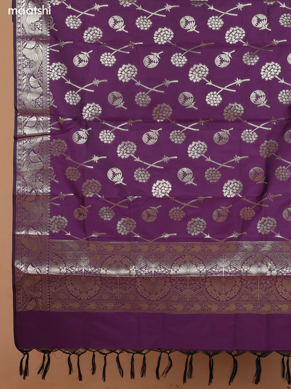 Peach and Purple Banarasi Silk Dress Material With With Allover Zari Buttas and Bottom & Dupatta