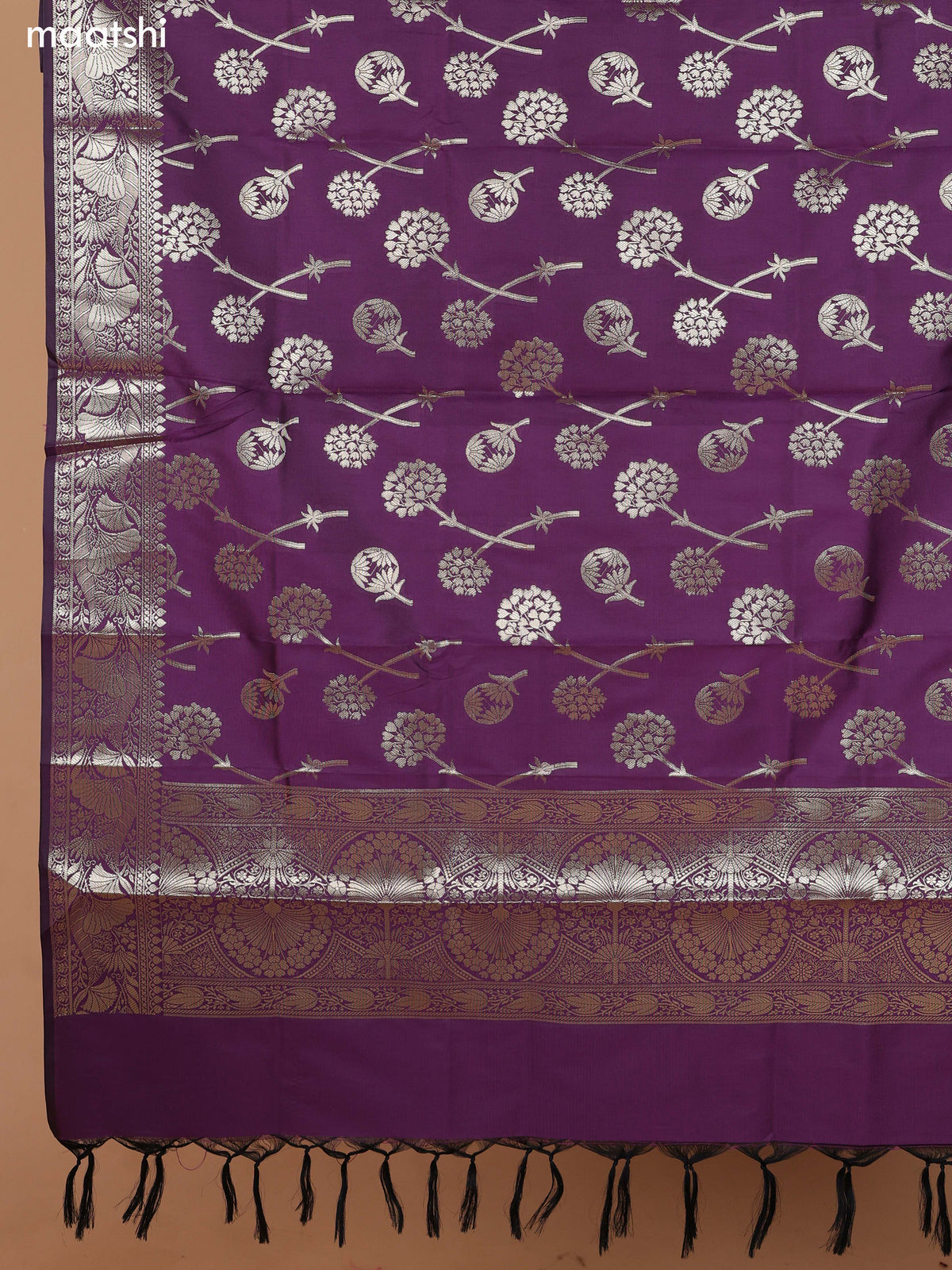 Peach and Purple Banarasi Silk Dress Material With With Allover Zari Buttas and Bottom & Dupatta