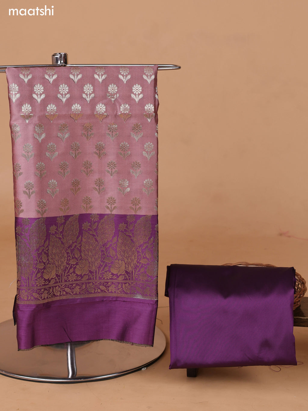 Peach and Purple Banarasi Silk Dress Material With With Allover Zari Buttas and Bottom & Dupatta