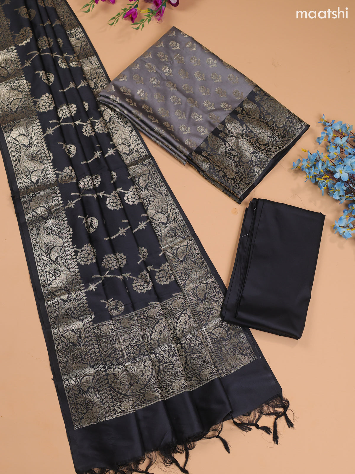 Dark Grey and Black Banarasi Silk Dress Material With With Allover Zari Buttas