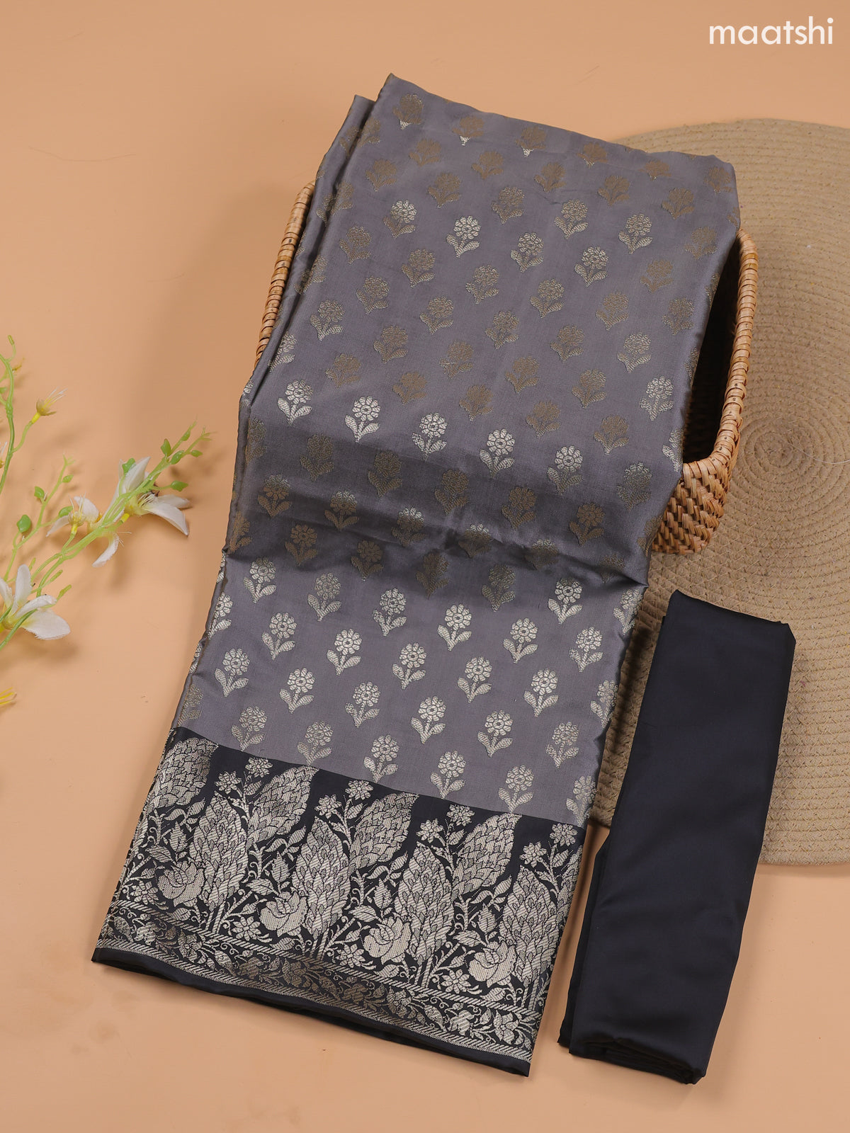 Dark Grey and Black Banarasi Silk Dress Material With With Allover Zari Buttas