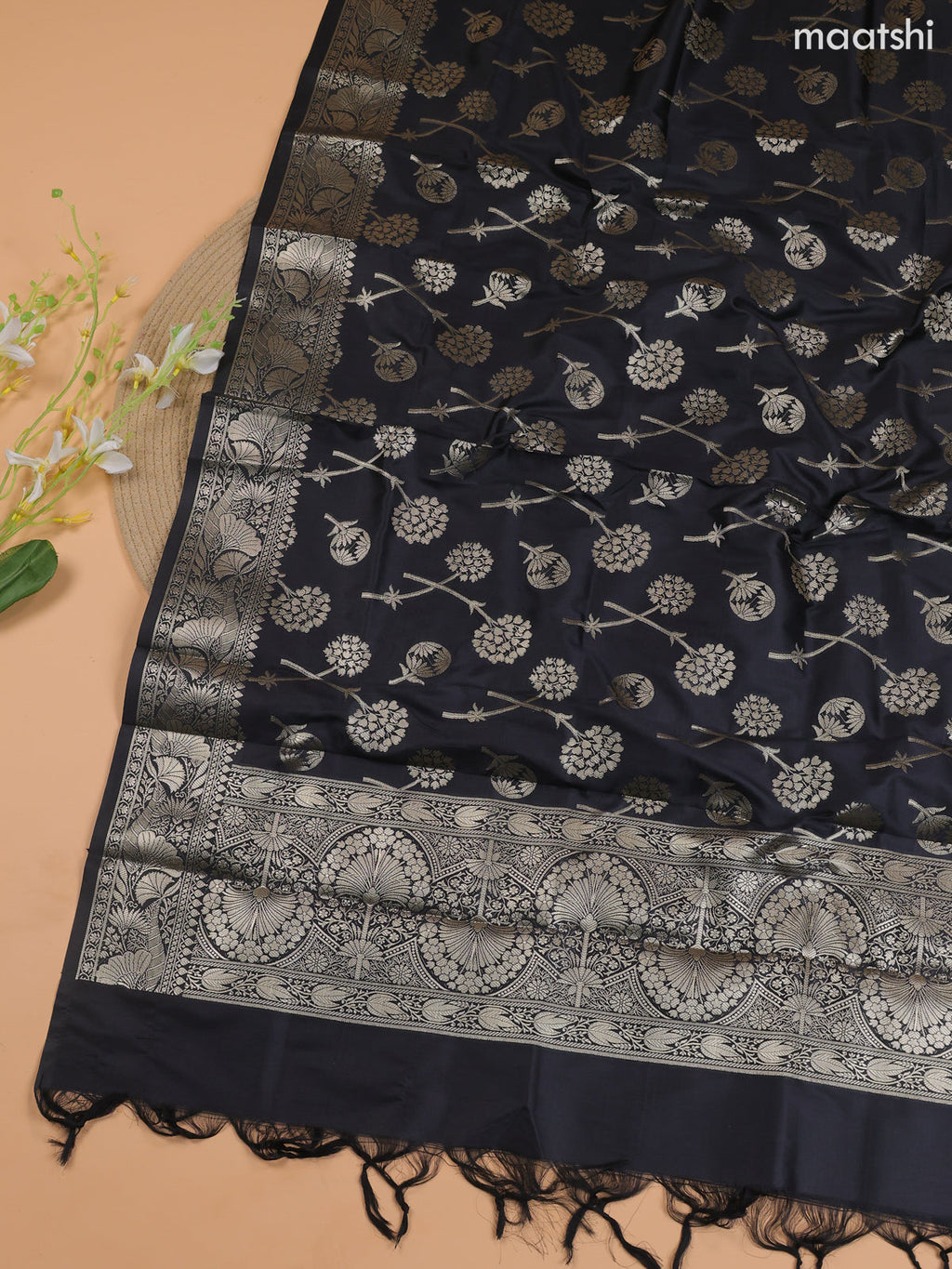 Dark Grey and Black Banarasi Silk Dress Material With With Allover Zari Buttas