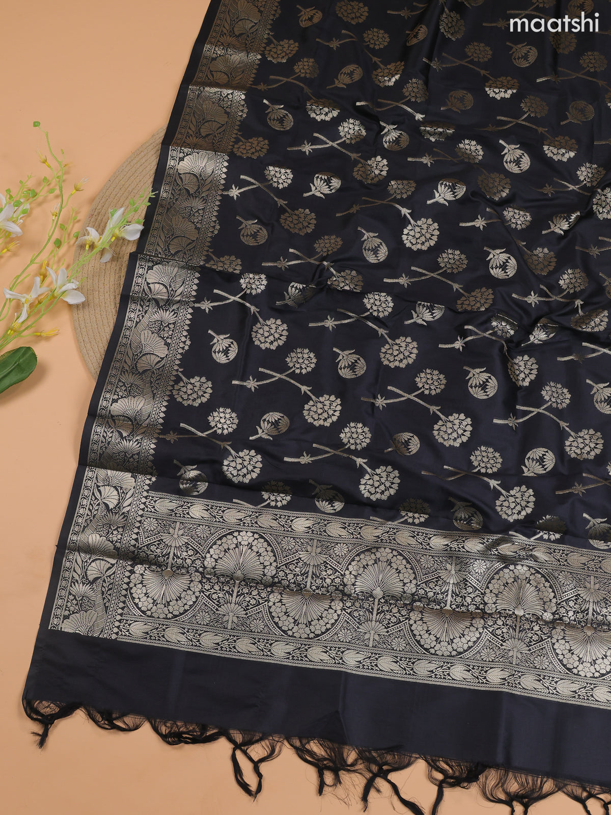 Dark Grey and Black Banarasi Silk Dress Material With With Allover Zari Buttas
