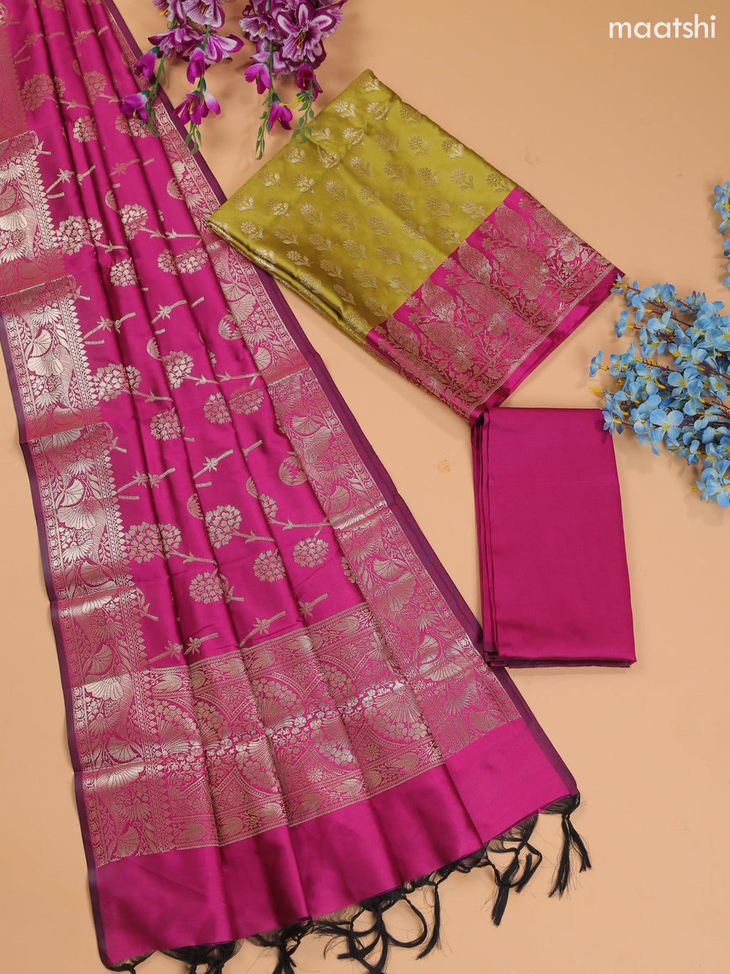 Mustard Green and Pink Banarasi Silk Dress Material With With Allover Zari Buttas