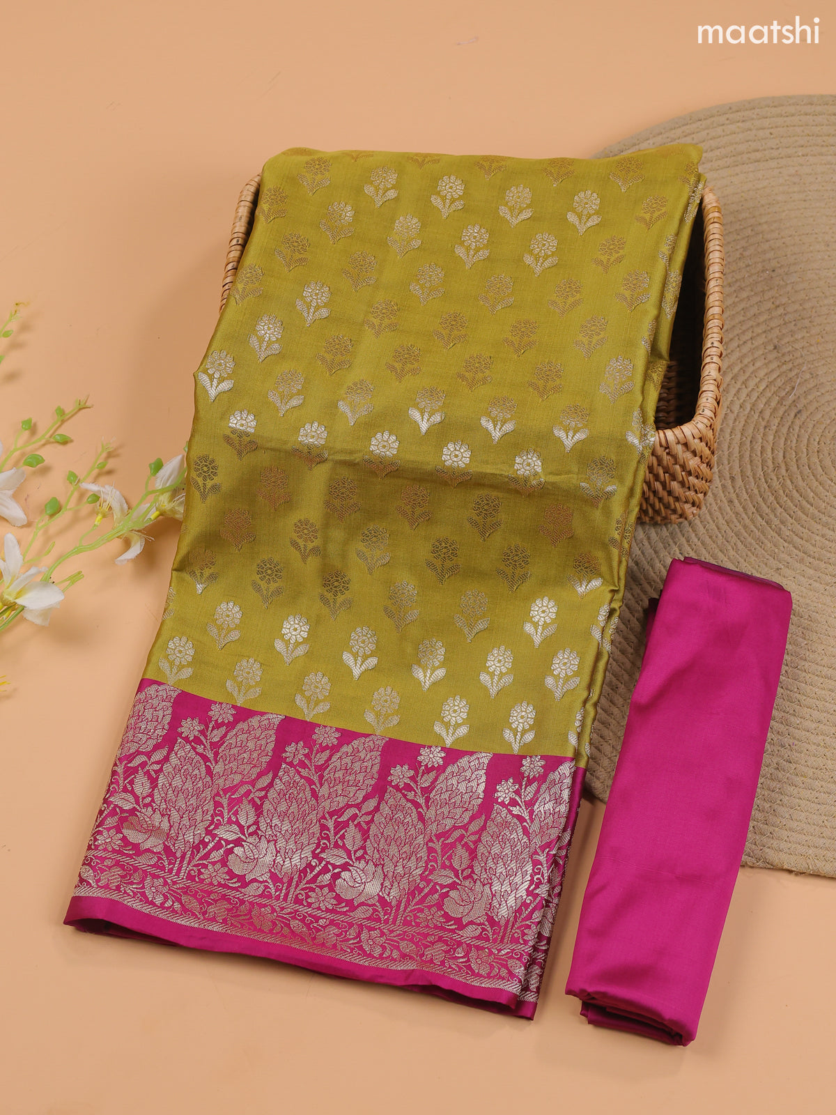 Mustard Green and Pink Banarasi Silk Dress Material With With Allover Zari Buttas