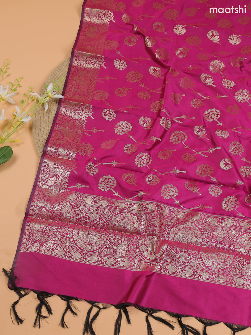 Mustard Green and Pink Banarasi Silk Dress Material With With Allover Zari Buttas