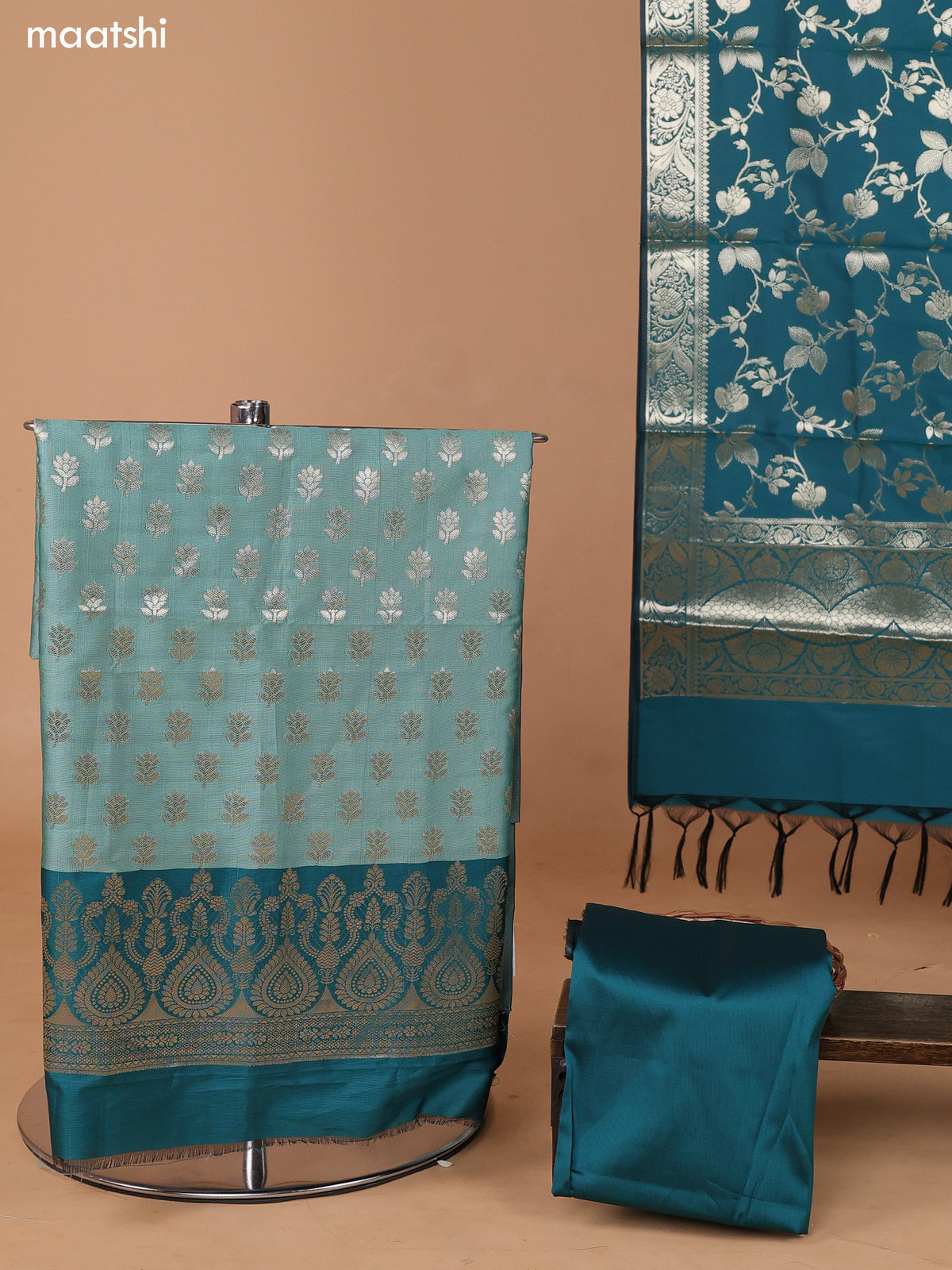 Teal Green and Peacock Green Banarasi Silk Dress Material With With Allover Zari Buttas and Bottom & Dupatta