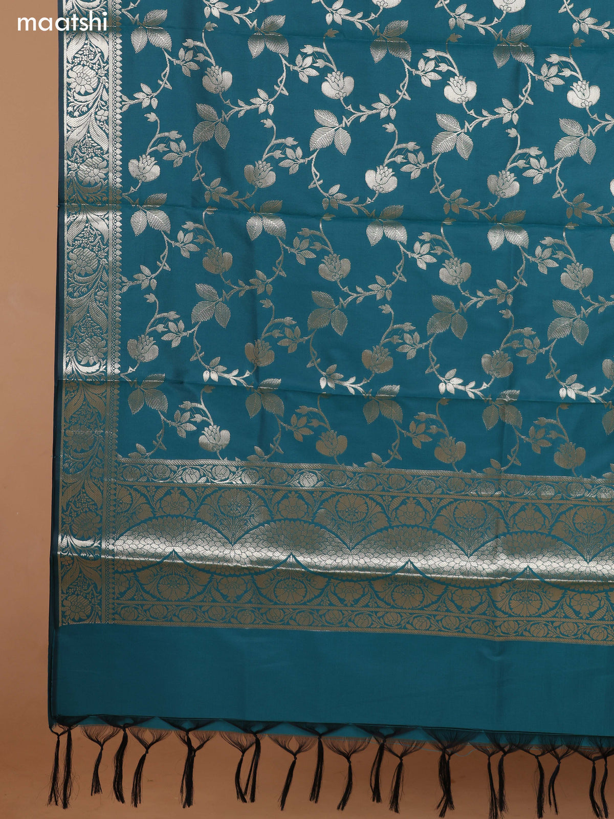Teal Green and Peacock Green Banarasi Silk Dress Material With With Allover Zari Buttas and Bottom & Dupatta