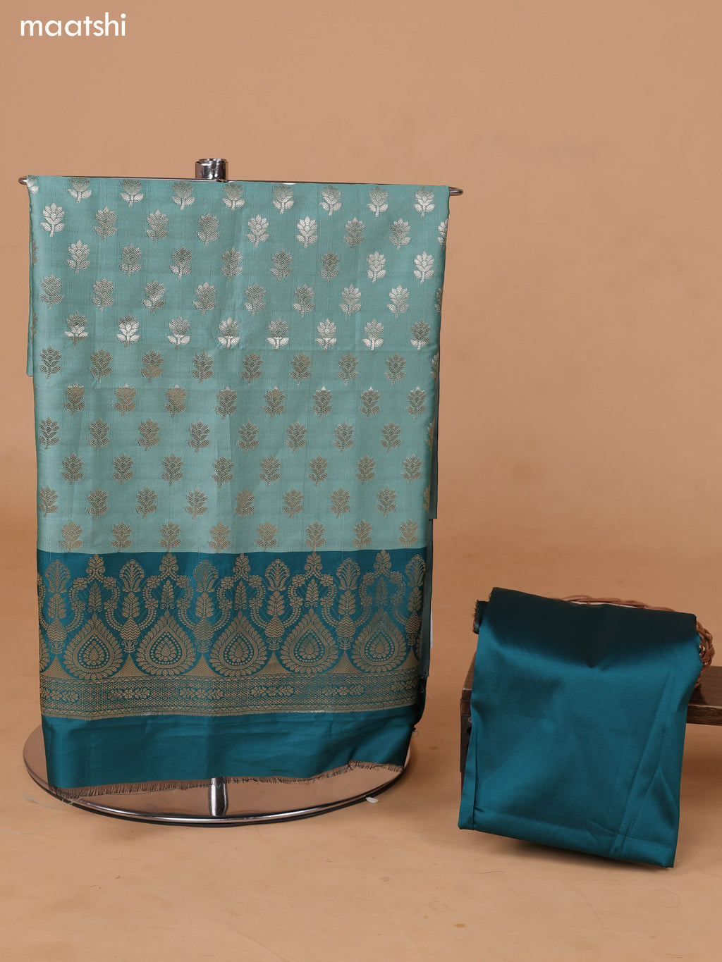 Teal Green and Peacock Green Banarasi Silk Dress Material With With Allover Zari Buttas and Bottom & Dupatta