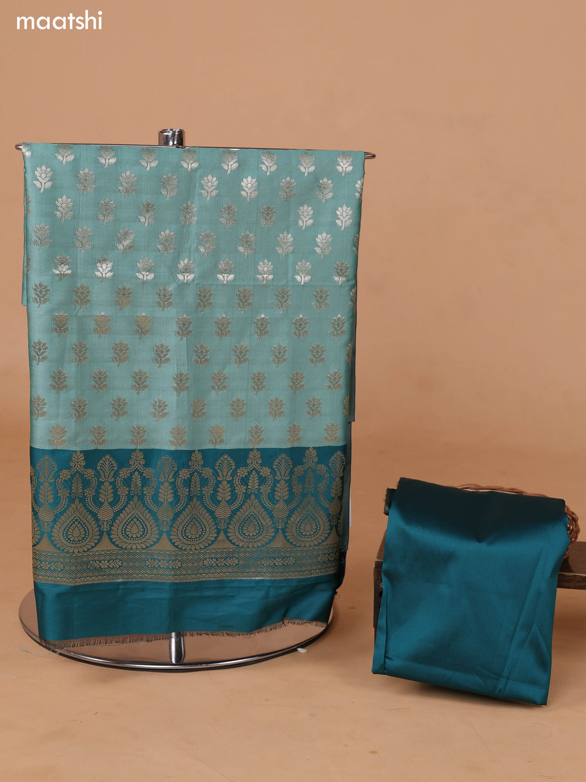 Teal Green and Peacock Green Banarasi Silk Dress Material With With Allover Zari Buttas and Bottom & Dupatta