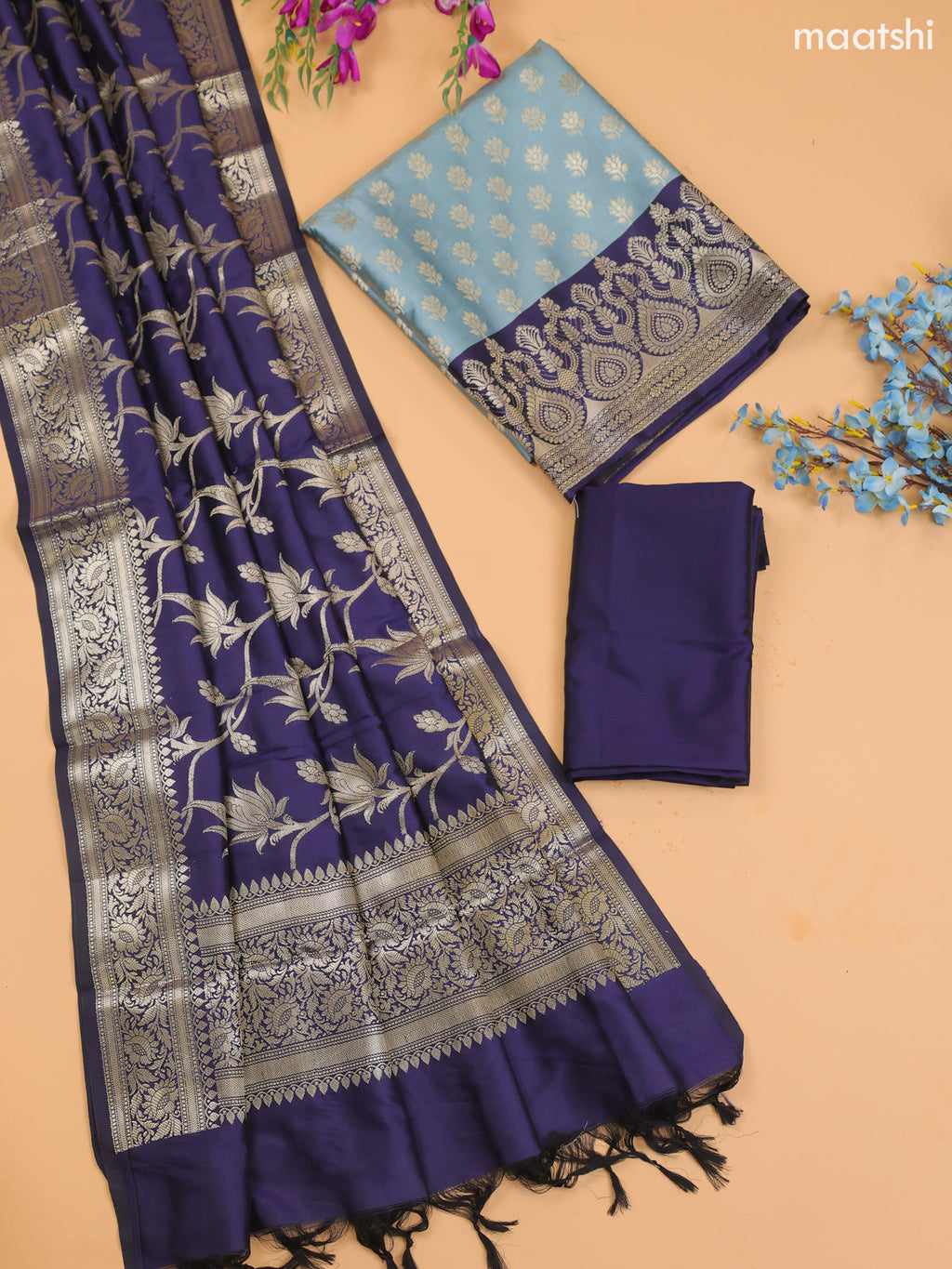 Pastel Blue and Navy Blue Banarasi Silk Dress Material With With Allover Zari Buttas