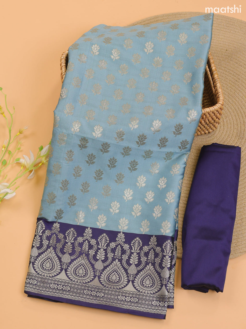 Pastel Blue and Navy Blue Banarasi Silk Dress Material With With Allover Zari Buttas
