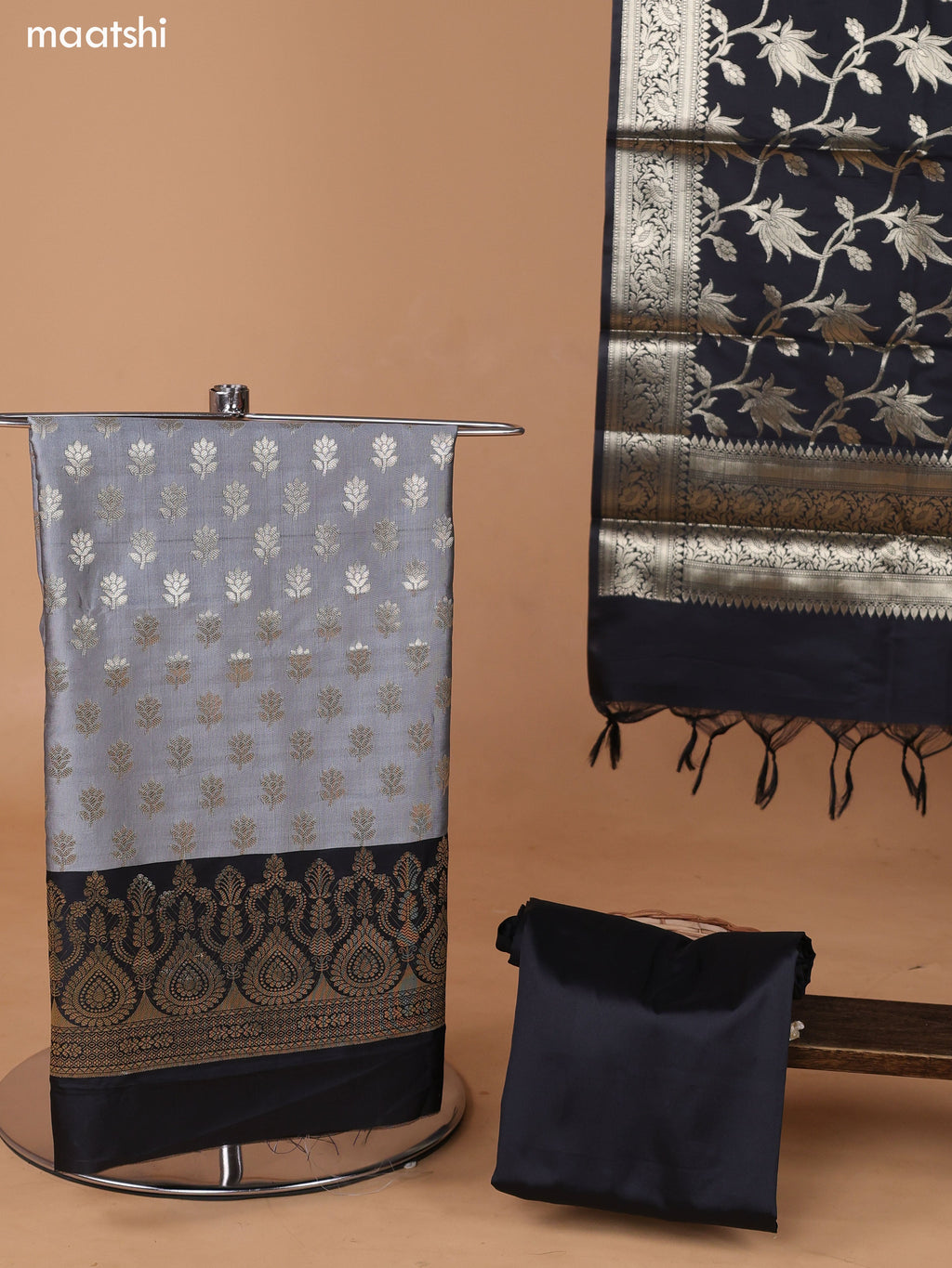 Grey and Black Banarasi Silk Dress Material With With Allover Zari Buttas and Bottom & Dupatta