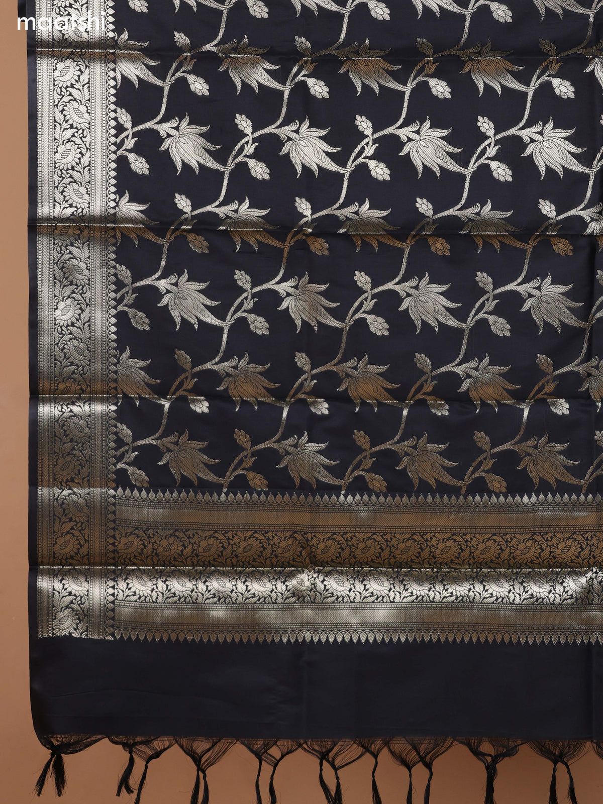 Grey and Black Banarasi Silk Dress Material With With Allover Zari Buttas and Bottom & Dupatta