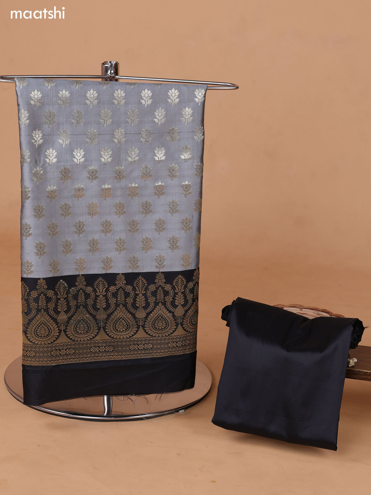 Grey and Black Banarasi Silk Dress Material With With Allover Zari Buttas and Bottom & Dupatta