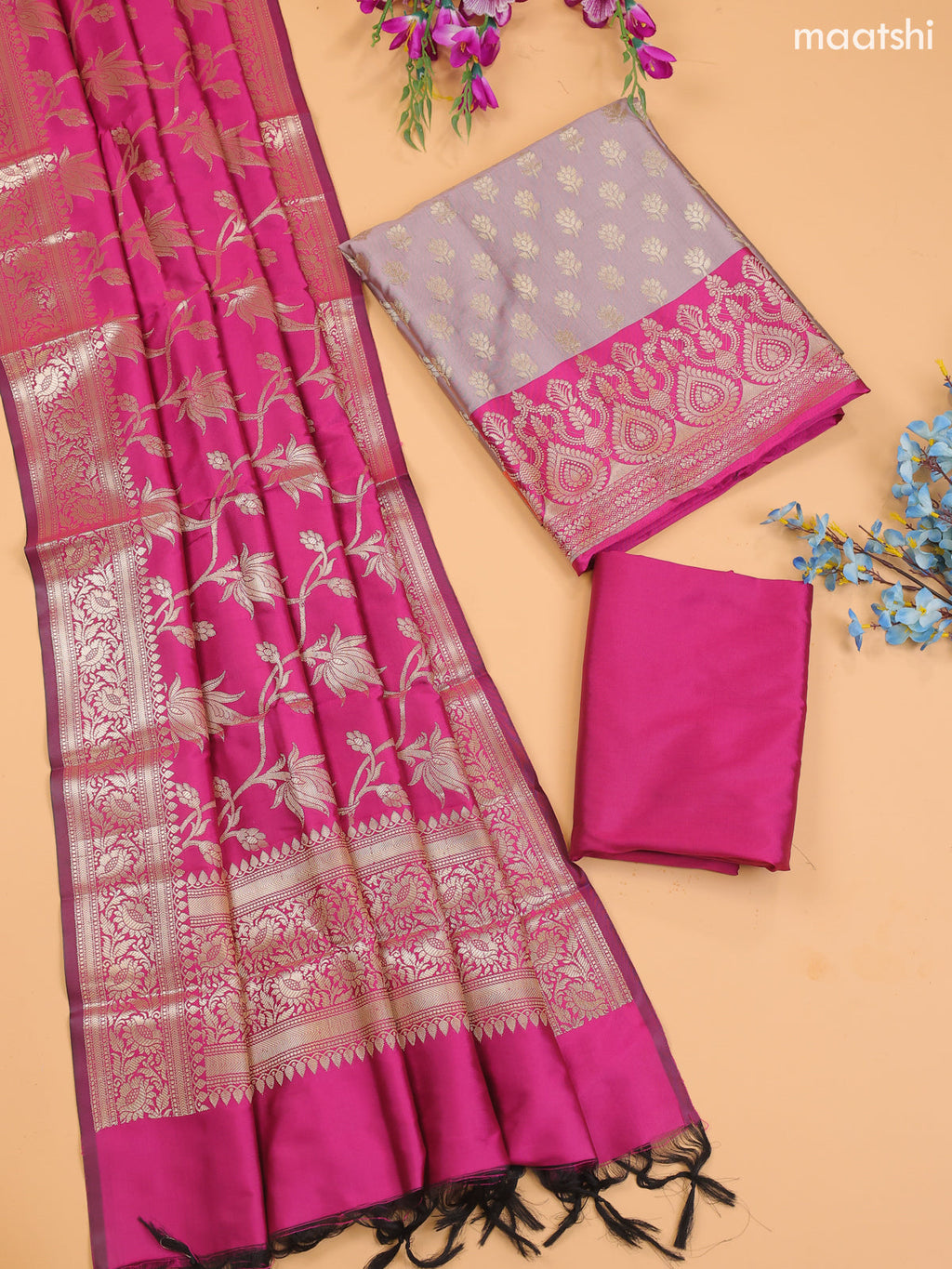 Lavender and Pink Banarasi Silk Dress Material With With Allover Zari Buttas