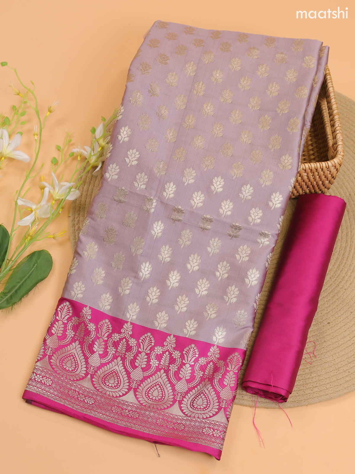 Lavender and Pink Banarasi Silk Dress Material With With Allover Zari Buttas