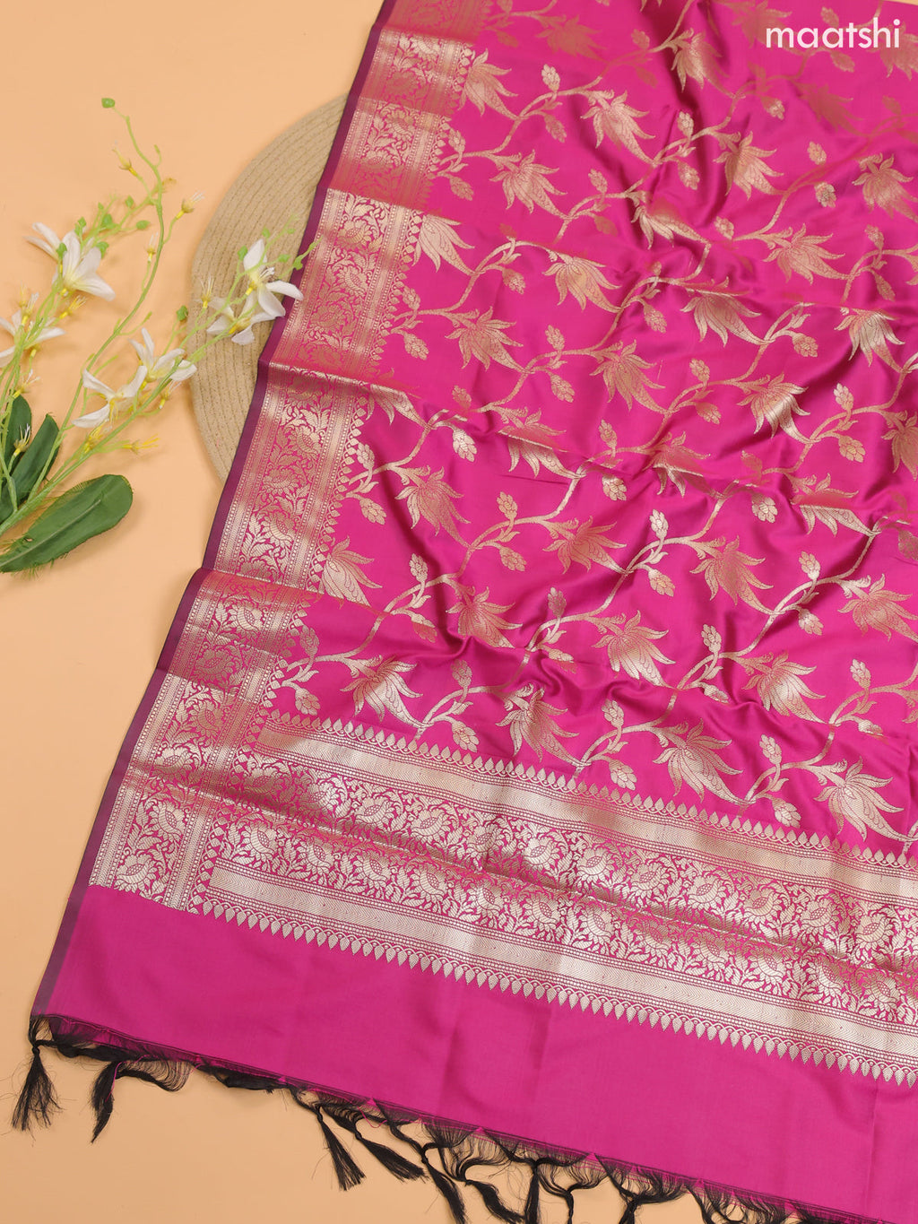 Lavender and Pink Banarasi Silk Dress Material With With Allover Zari Buttas