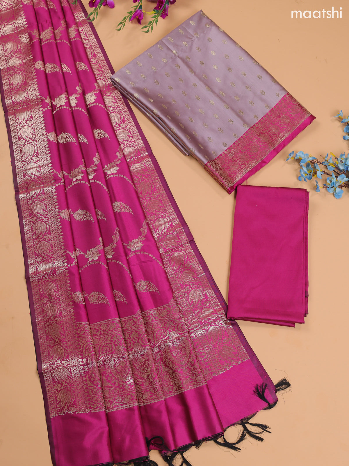 Lavender and Pink Banarasi Silk Dress Material With With Allover Zari Buttas
