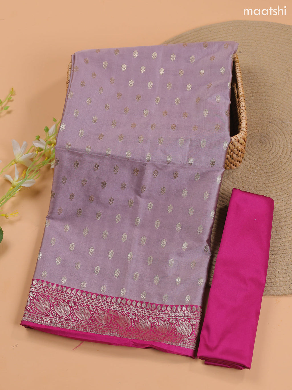 Lavender and Pink Banarasi Silk Dress Material With With Allover Zari Buttas