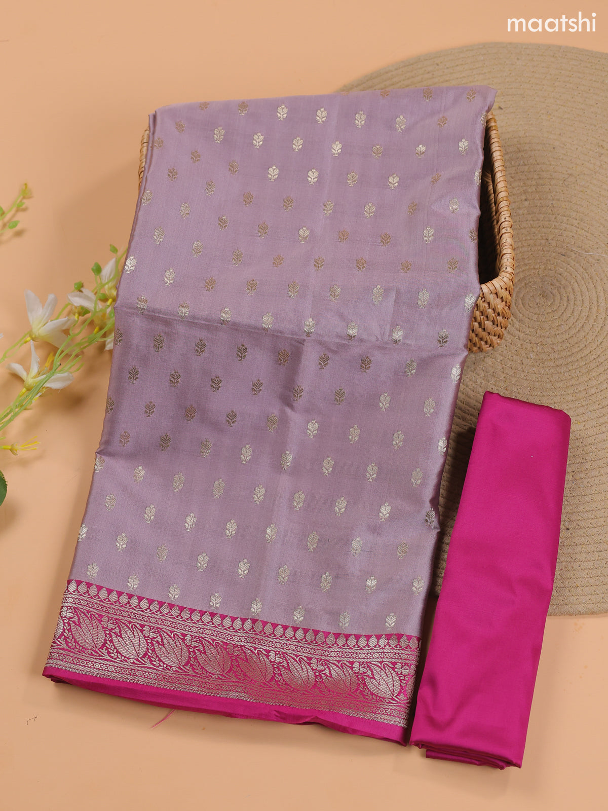 Lavender and Pink Banarasi Silk Dress Material With With Allover Zari Buttas