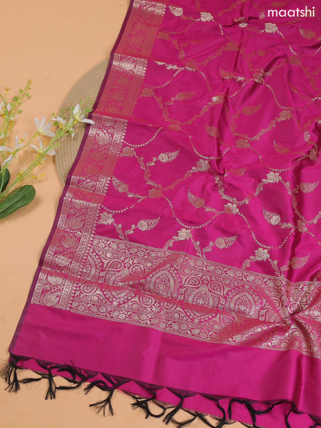 Lavender and Pink Banarasi Silk Dress Material With With Allover Zari Buttas