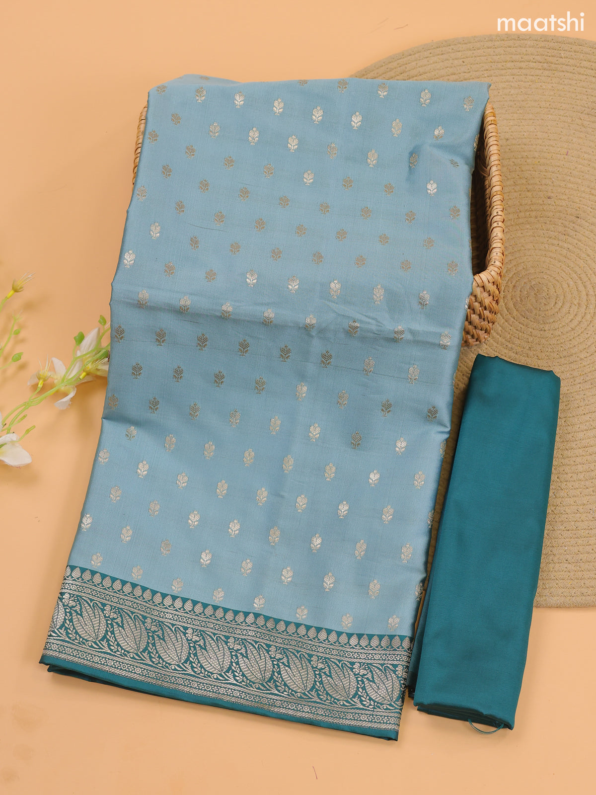 Pastel Blue and Teal Green Banarasi Silk Dress Material With With Allover Zari Buttas