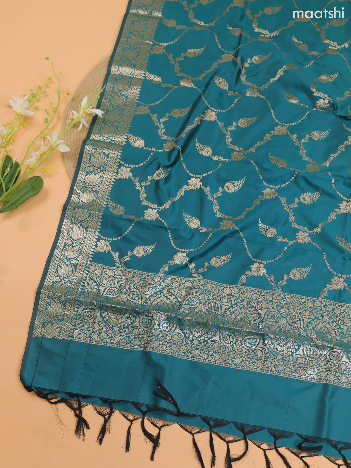Pastel Blue and Teal Green Banarasi Silk Dress Material With With Allover Zari Buttas