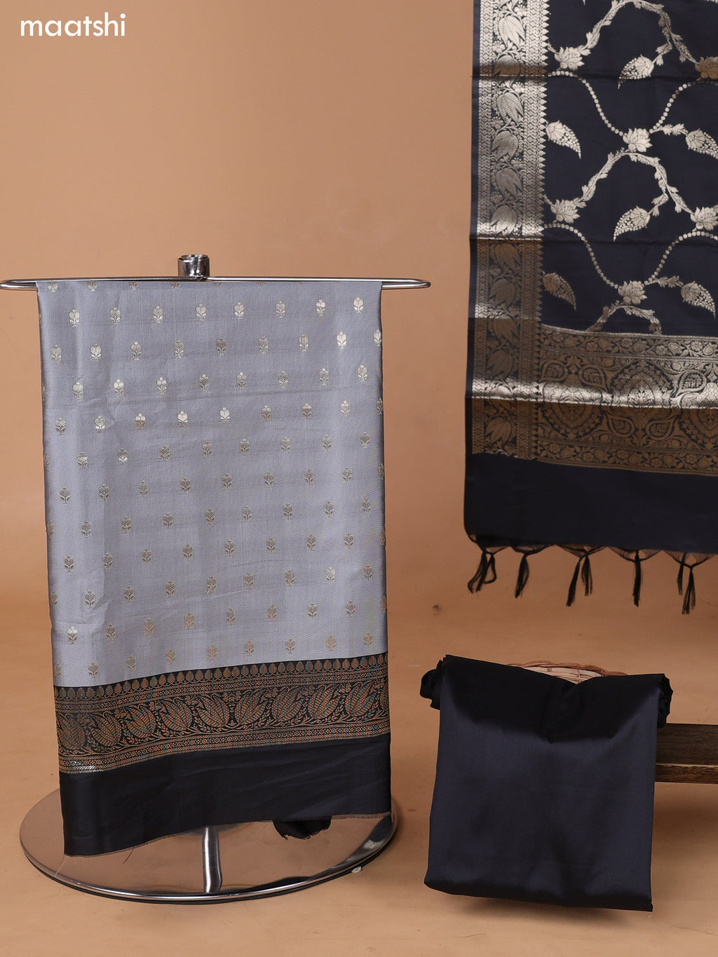 Grey and Black Banarasi Silk Dress Material With With Allover Zari Buttas and Bottom & Dupatta