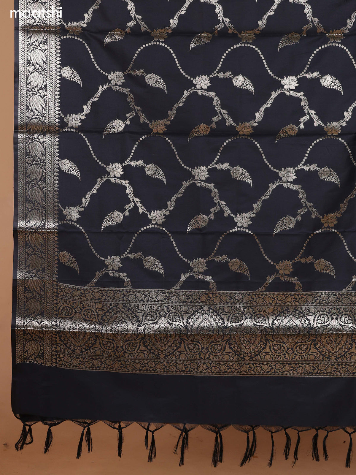 Grey and Black Banarasi Silk Dress Material With With Allover Zari Buttas and Bottom & Dupatta
